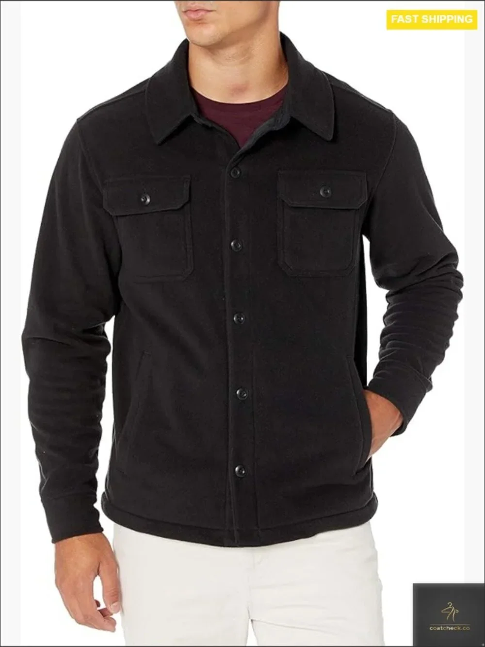 Men's Long-Sleeve Polar Fleece Shirt Jacket for Winter Regular Fit Button Front
